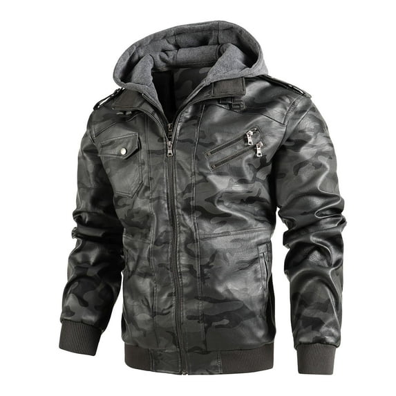 Guzom Men's Faux Leather Jacket- with Hoods Warm Zipper Comfy Fall and Winter Casual Mens Outwear Gray Size L