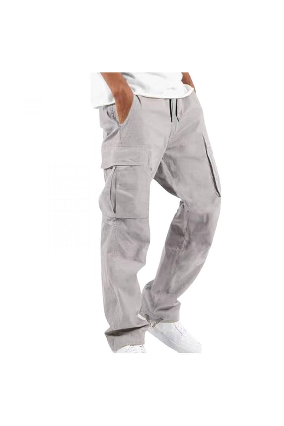 Mens Cargo Pants- Casual Straight Leg Drawstring Outdoor Stretch Relaxed Fit Work Pants for Men Gray