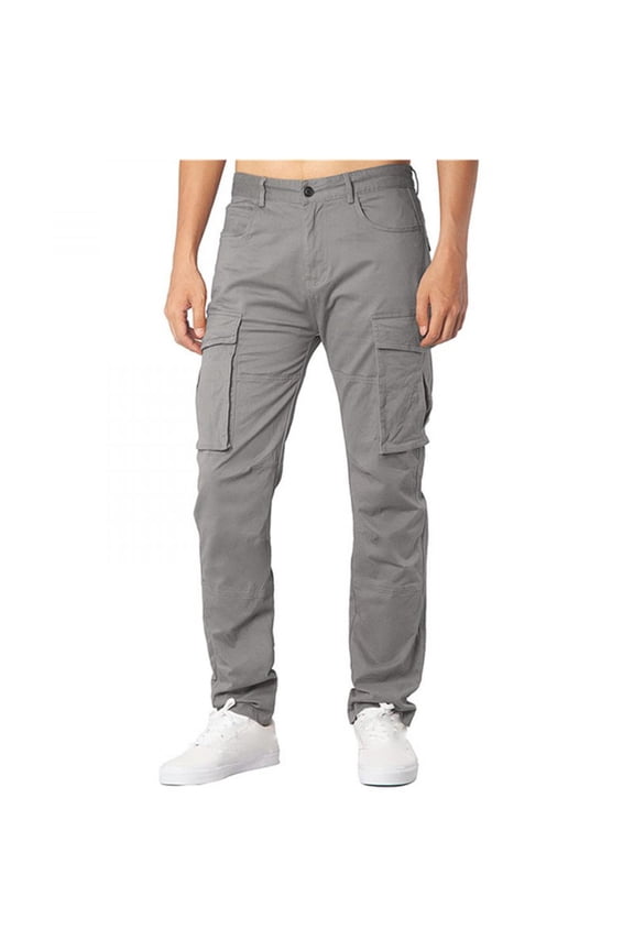 Mens Cargo Pants- Solid Multi-Pocket Washed Overalls Outdoor Casual Pants Trousers Gray