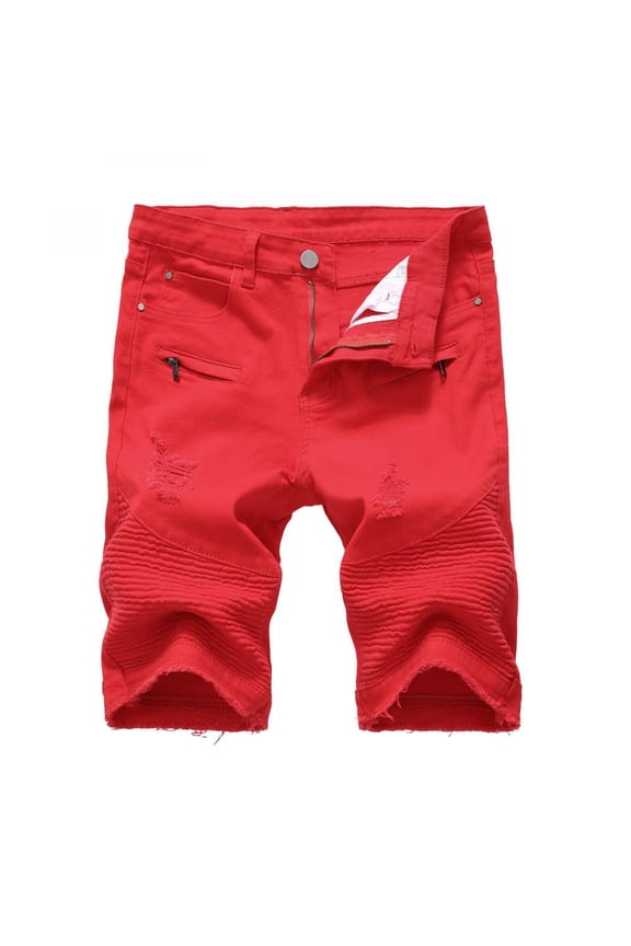 Mens Jean Shorts- Ripped Denim Trunks Stretchy Washed Jeans Trunks Cut-Off Classic Fit Biker Jeans Trunks Red L