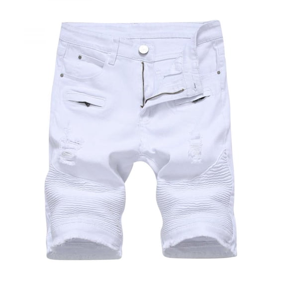 Guzom Mens Jean Shorts- Ripped Denim Trunks Stretchy Washed Jeans Trunks Cut-Off Classic Fit Biker Jeans Trunks White M