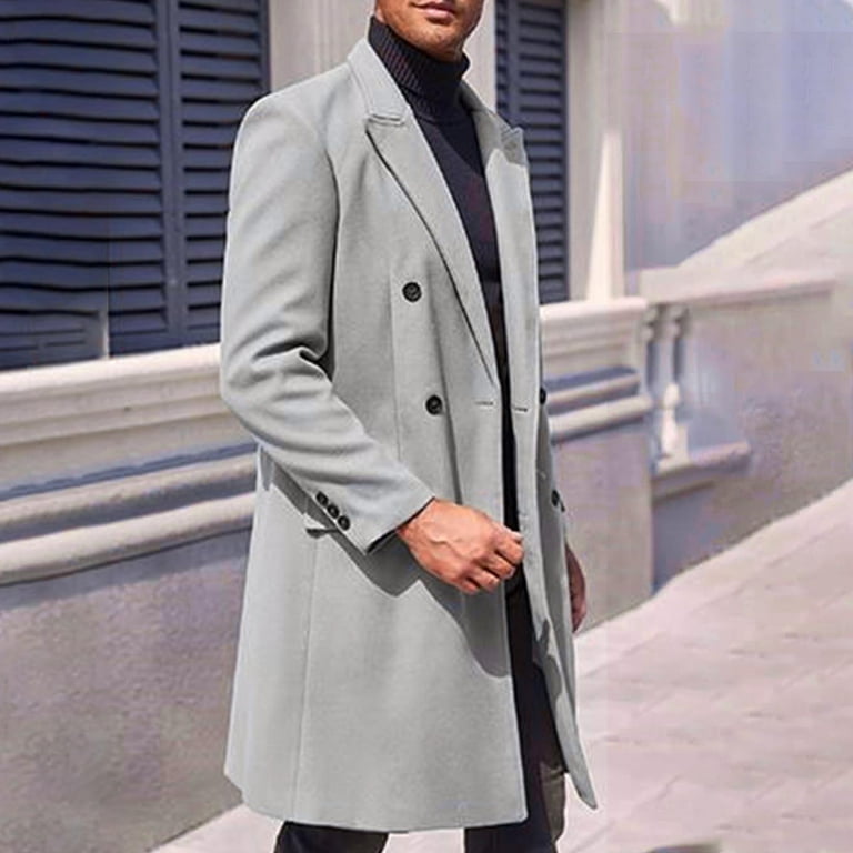 Guzom Mens Trench Coat Fall Winter Long Sleeve Casual Button Down Formal Coat Gray Size XL Walmart