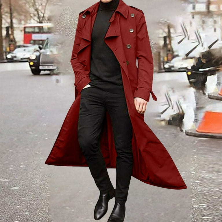 Guzom Mens Trench Coats- Button Down Comfy Casual Fall and Winter Mens Outwear Red Size 2XL