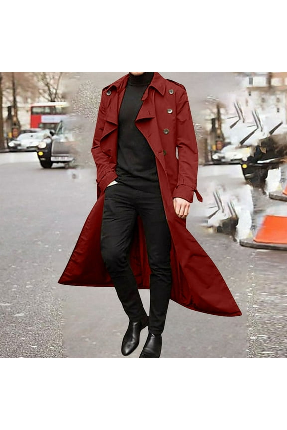 Mens Trench Coats- Button Down Comfy Casual Fall and Winter Mens Outwear Red Size S