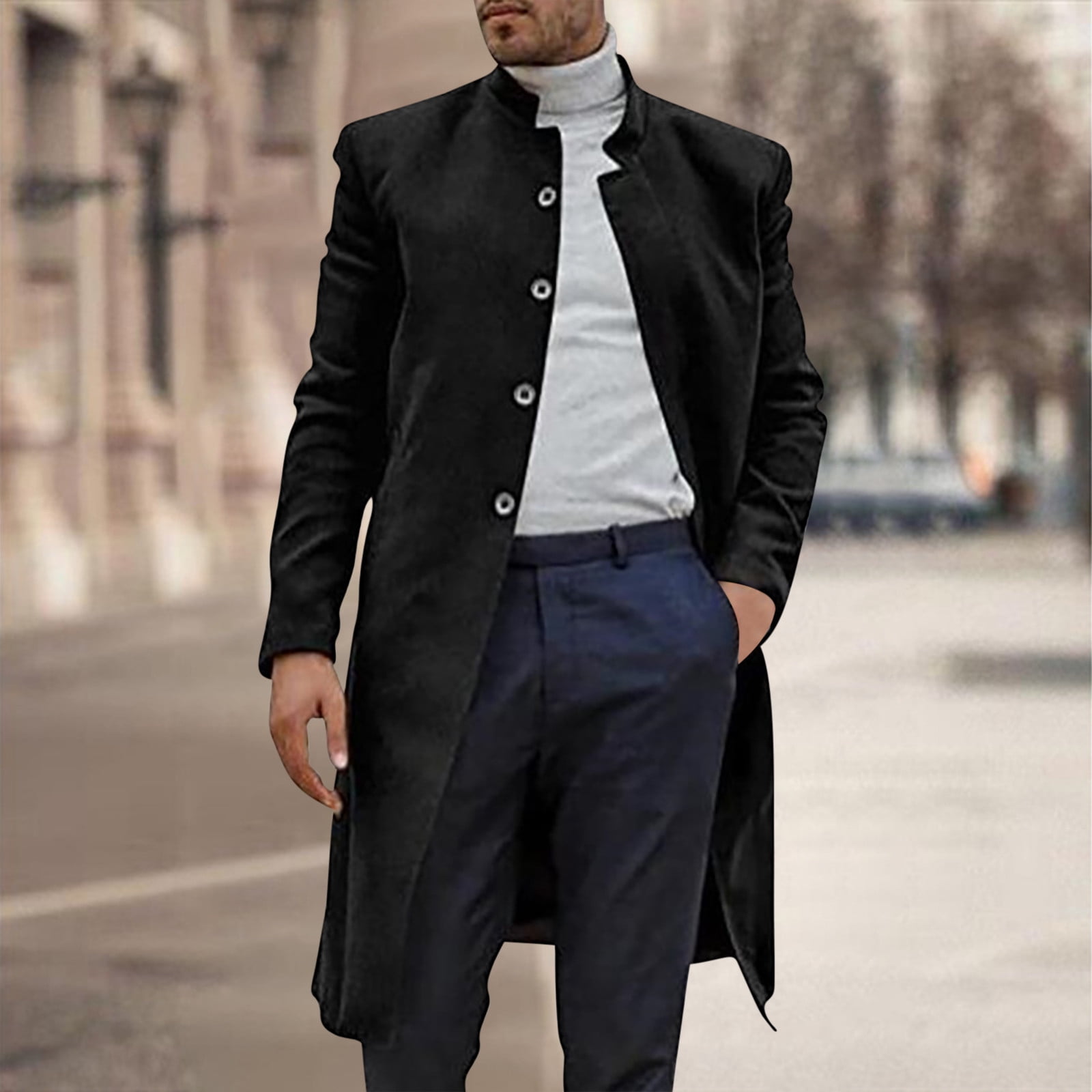 Guzom Mens Wool Peacoats Hoodless Button down Long Sleeve Formal Solid Color Fall Winter Mens Dress Coats Black Size M Walmart