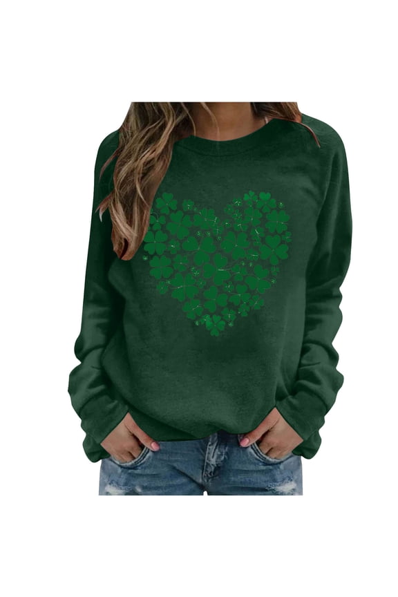 St. Patrick's Day Womens Sweatshirt - Shamrock Heart Print Army Green Crew Neck Long Sleeve Relaxed Fit Casual Festive Top,Size L