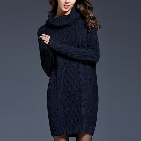Guzom Sweater Dresses for Women- Fall and Winter Long Sleeve Loose Knitted Turtleneck Midi Dresses Navy Size 2XL