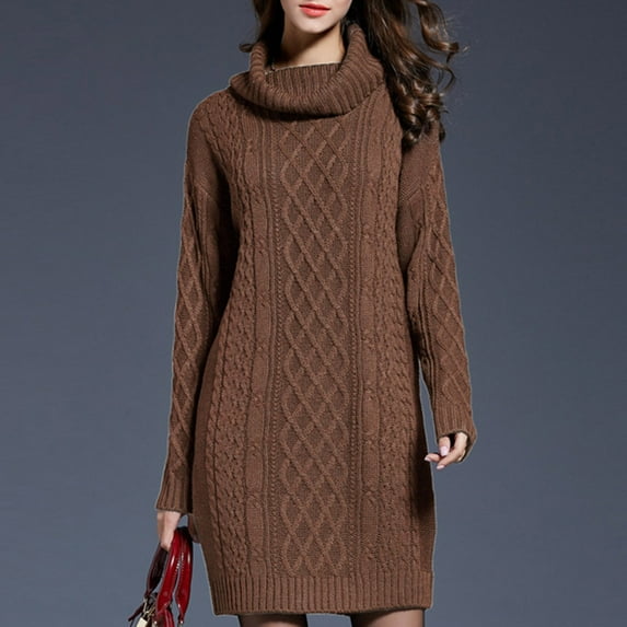 Guzom Sweater Dresses for Women- Fall and Winter Long Sleeve Turtleneck Knitted Loose Midi Dresses Brown Size M
