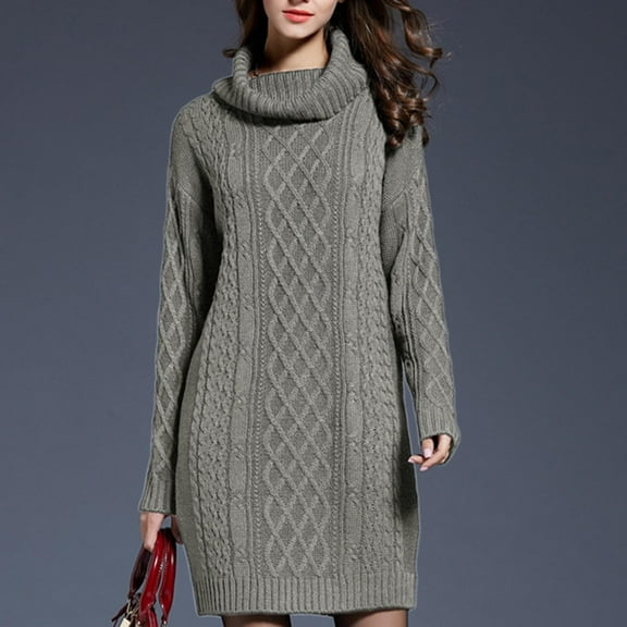 Guzom Sweater Dresses for Women- Fall and Winter Long Sleeve Turtleneck Knitted Loose Midi Dresses Gray Size 2XL