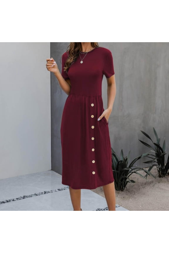 Sweater Dresses for Women- Knitted with Buttons Fashion Fall and Winter Short Sleeve Crew Neck Midi Dresses Wine Size S