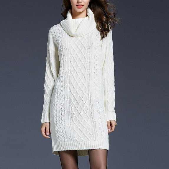 Guzom Sweater Dresses for Women- Loose Turtleneck Fall and Winter Knitted Long Sleeve Midi Dresses White Size XL