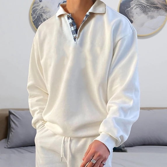 Guzom Sweatshirt for Men- Leisure V-Neck Solid Color Baggy Long Sleeve Pullover Fall Tops White Size 3XL