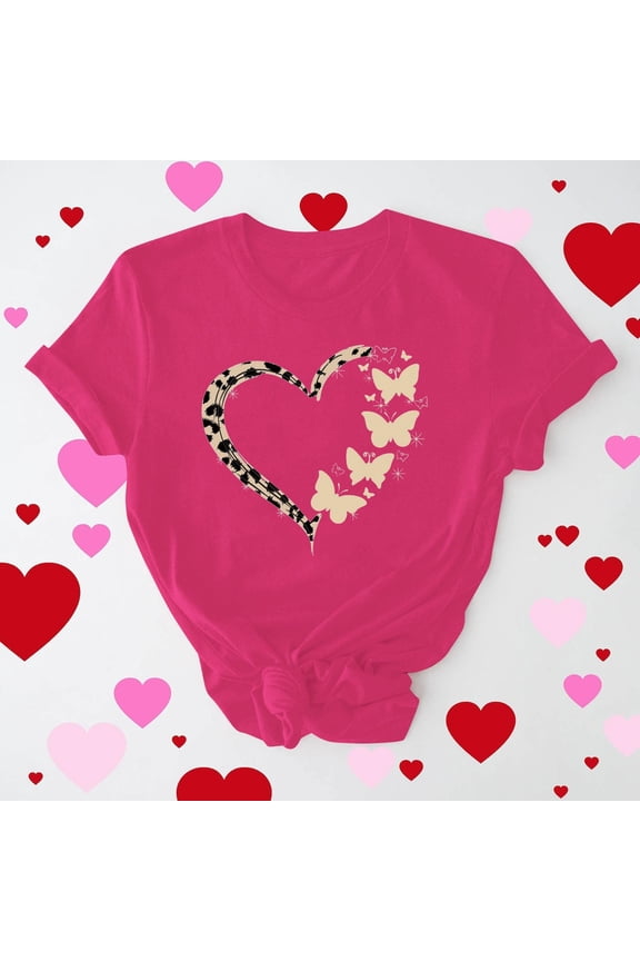 Valentine's DayHot Pink Casual Womens Graphic Tee with Leopard Print Heart & Butterfly, Crew Neck Short Sleeve Relaxed Fit Top, 95% Polyester 5% Spandex S-XXXL,Size 3XL