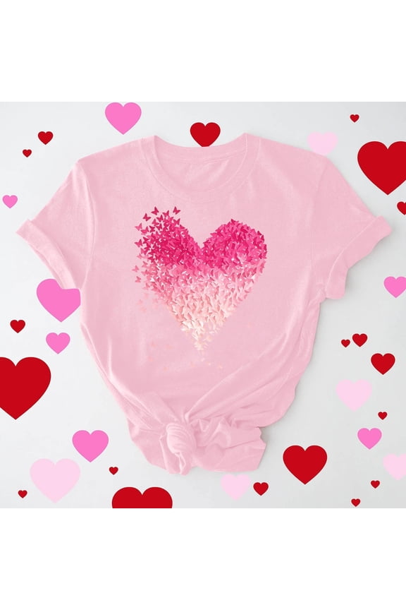 Valentine's DayPink Origami Crane Heart Gradient Graphic T-Shirt, Womens Crew Neck Short-Sleeve Relaxed Fit Top, 95% Polyester 5% Spandex Casual & Festive Daily Wear Tee,Size 3XL