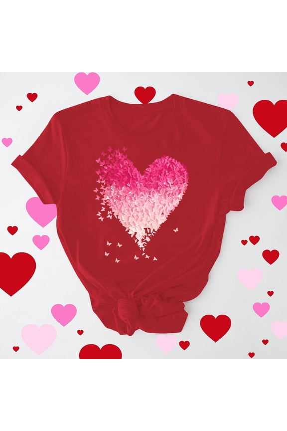 Valentine's DayRed Womens Relaxed Fit Short-Sleeve Graphic Tee, Origami Crane Heart Gradient Design Crew Neck Top, 95% Polyester 5% Spandex Casual & Festive Daily Wear T-Shirt,Size XL