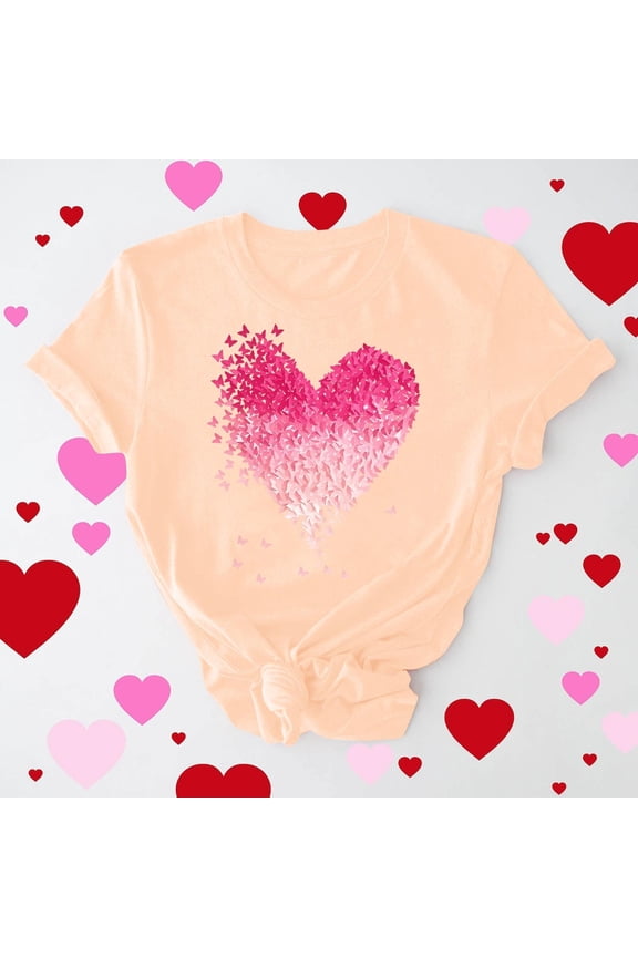 Valentine's DayWomens Beige Short-Sleeve Graphic T-Shirt, Origami Crane Heart Gradient Design, 95% Polyester 5% Spandex Relaxed Fit Crew Neck Casual Tee for Daily & Festive Wear,Size S