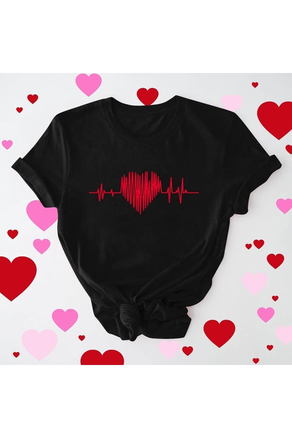 Valentine's DayWomens Black EKG Heart Graphic Tee, Crew Neck Short Sleeve Polyester Spandex Relaxed Fit Soft Casual Top,Size L