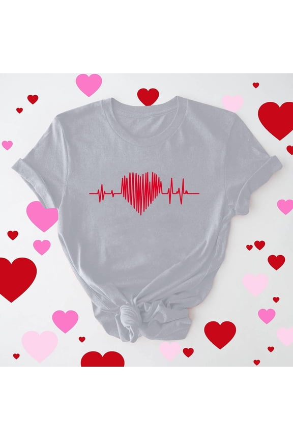 Valentine's DayWomens Gray EKG Heart Graphic Tee, Relaxed Fit Crew Neck Short Sleeve Polyester Spandex Soft Casual Top,Size XL
