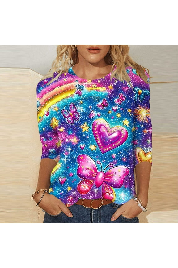 Valentine's DayWomens Hot Pink Cosmic Print Casual Top & Tunic Dress - 3/4/Long Sleeve, Soft Stretch, Plus Size S-XXXL,Size S