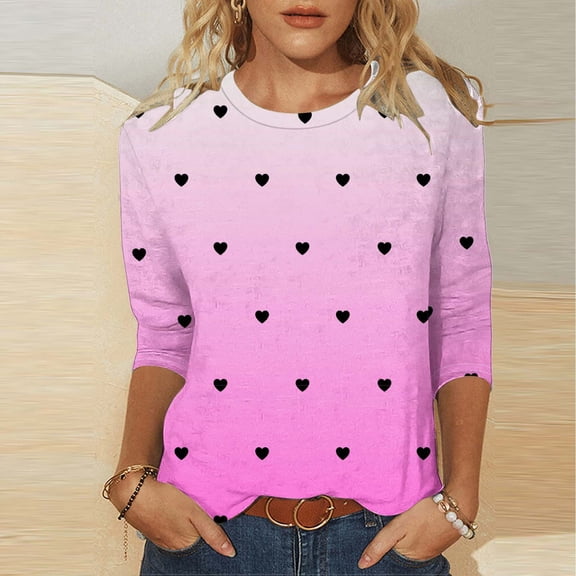 Guzom Valentine's DayWomens Hot Pink Gradient Heart Print Casual Top, Three Quarter Sleeve Crew Neck Relaxed Fit Stretch Plus Size (S-XXXL),Size L