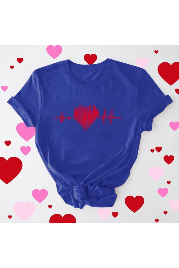 Valentine's DayWomens Navy EKG Heart Graphic Tee, Crew Neck Short Sleeve Polyester Spandex Relaxed Fit Soft Casual Top,Size S