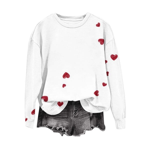 Guzom Valentine's DayWomens Oversized Crewneck Sweatshirt, White with Red Heart Print, Soft Stretch Casual Cute Sweatshirt for Women S-XXL,Size XL