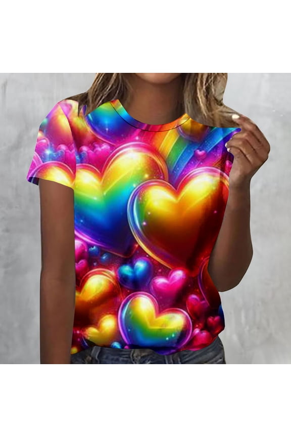 Valentine's DayWomens Red Rainbow Heart Iridescent Print Crew Neck Short Sleeve Relaxed Fit T-Shirt, 95% Polyester 5% Spandex, S-XXXL Inclusive Sizing,Size XL