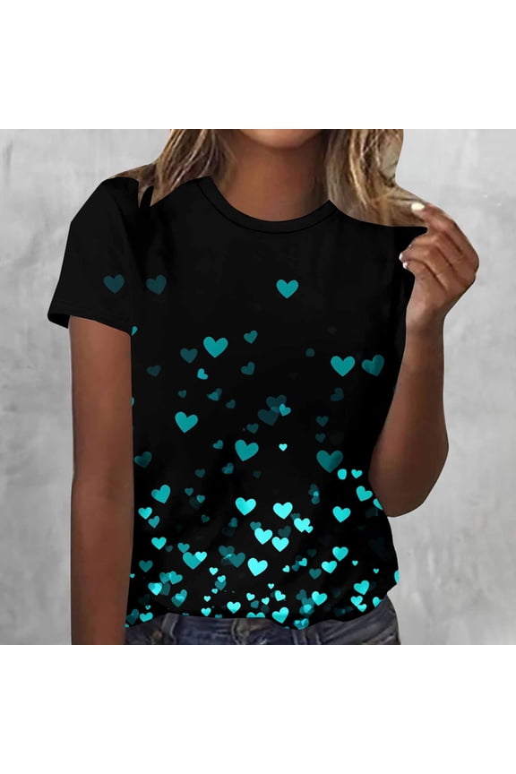 Valentine's DayWomens Short Sleeve Crew Neck Tee, Blue with Teal Heart Pattern, Stretch Polyester Spandex, S-XXXL Casual Everyday Top,Size 3XL