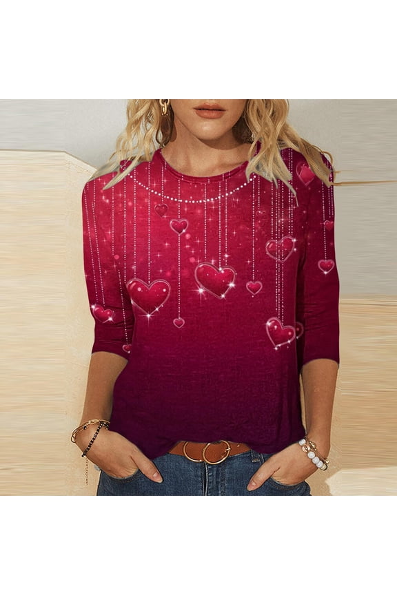 Valentine's DayWomens Three Quarter Sleeve Crew Neck Relaxed Fit Glitter Heart Print Gradient Burgundy Multicolor Polyester Spandex Plus Size Casual Tee S-XXXXXL,Size 3XL