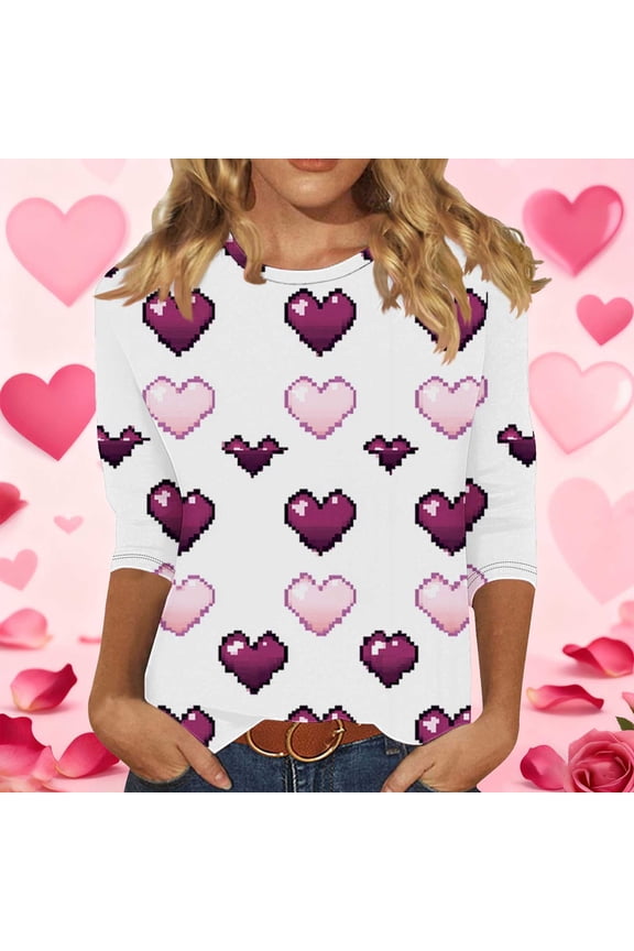 Valentine's DayWomens White Pixel Heart Print 3/4 Sleeve Crew Neck Relaxed Fit Plus Size Casual Top, Polyester Spandex Inclusive Sizing S-XXXXXL,Size M