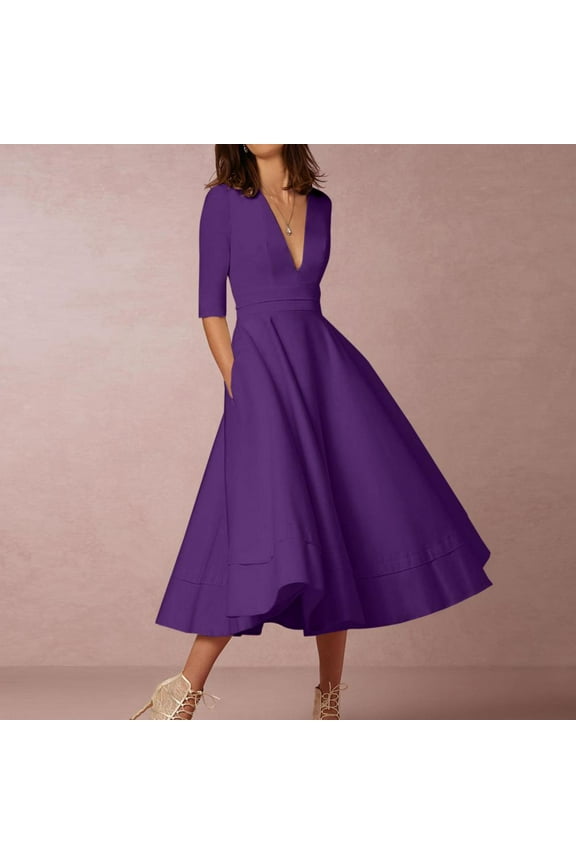 Wedding Guest Dresses for Women Fall- Fashion Summer Sexy Short Sleeve V-Neck Solid Mid-Calf Dress Purple