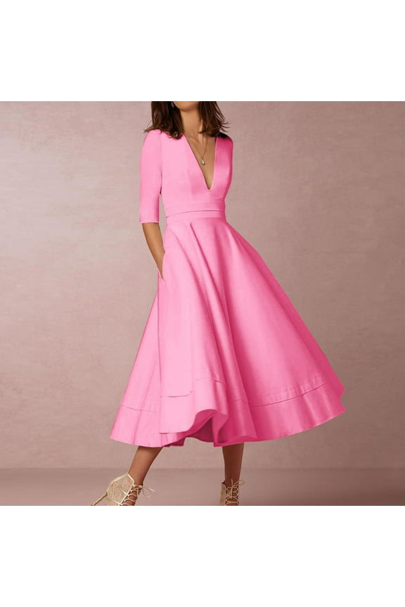 Wedding Guest Dresses for Women Fall- Long Sleeve Elegant V-Neck Maxi Dresses 2023 Formal Dresses Pink