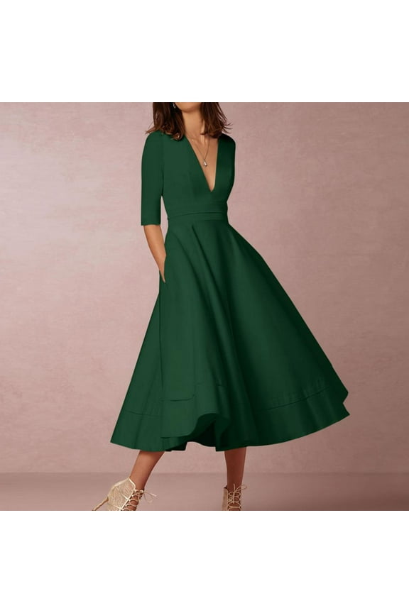 Wedding Guest Dresses for Women Fall- Long Sleeve V-Neck Elegant Maxi Dresses 2023 Formal Dresses Green