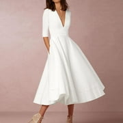 Guzom Wedding Guest Dresses for Women Fall- Maxi Dresses Long Sleeve V-Neck Elegant 2023 Formal Dresses White