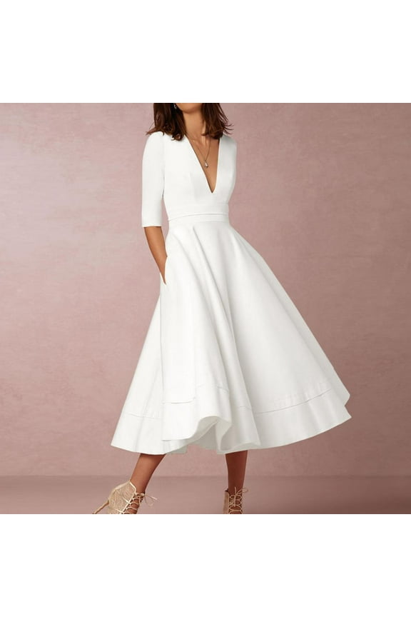 Wedding Guest Dresses for Women Fall- Maxi Dresses Long Sleeve V-Neck Elegant 2023 Formal Dresses White