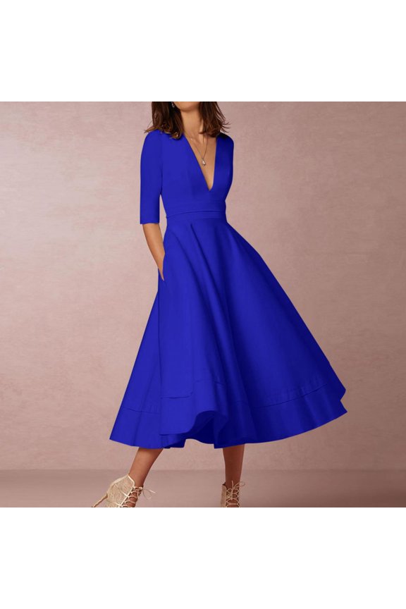 Wedding Guest Dresses for Women Fall- V-Neck Elegant Maxi Dresses Long Sleeve 2023 Formal Dresses Blue