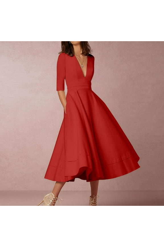 Wedding Guest Dresses for Women Fall- V-Neck Elegant Maxi Dresses Long Sleeve 2023 Formal Dresses Red