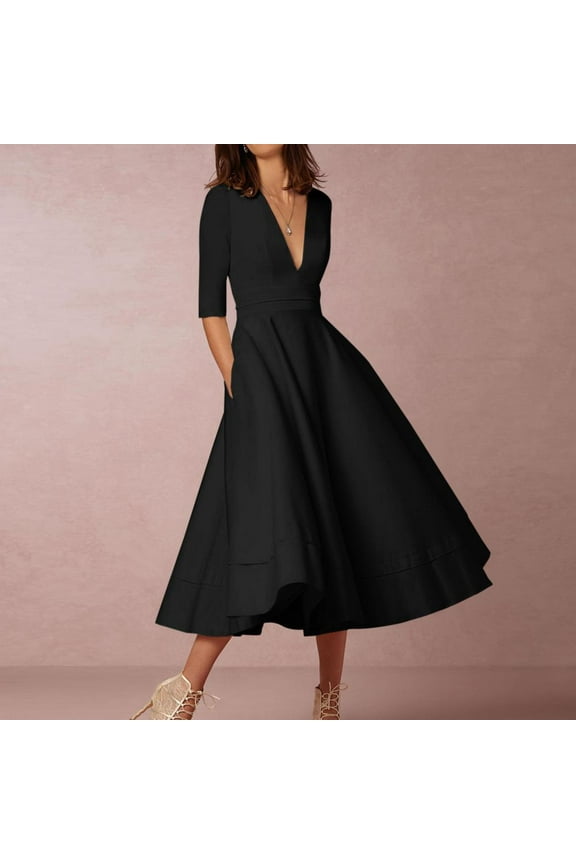 Wedding Guest Dresses for Women Fall- V-Neck Long Sleeve Elegant Maxi Dresses 2023 Formal Dresses Black