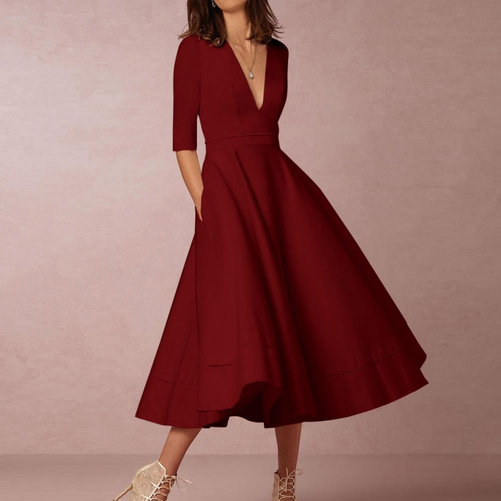 Guzom Wedding Guest Dresses for Women Fall- V-Neck Maxi Dresses Long Sleeve Elegant 2023 Formal Dresses Wine