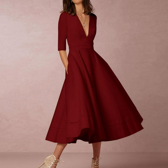 Guzom Wedding Guest Dresses for Women Fall- V-Neck Maxi Dresses Long Sleeve Elegant 2023 Formal Dresses Wine