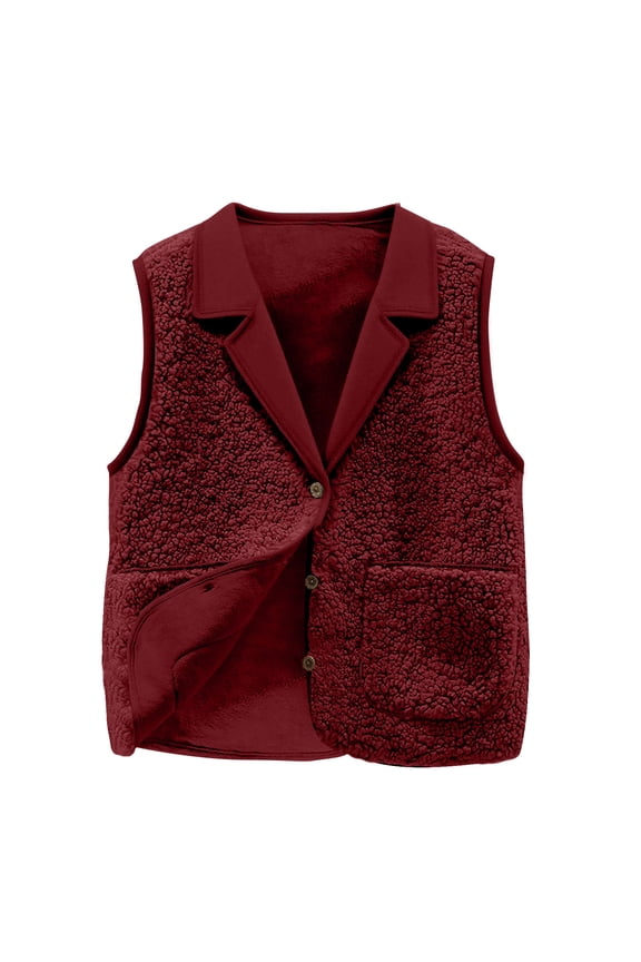 Wine Faux Shearling Vest for Women - Sleeveless Notched Lapel, Fall Winter Layering, Polyester with Vintage Buttons & Pockets, S-XXL,Size S