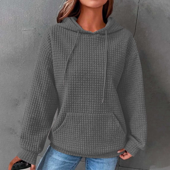 Guzom Women'Classic Hoodie- Solid Crewneck Long Sleeve Casual Loose Fit Fall and Winter Pullover Waffle Womens Hooded Sweatshirt Dark Gray Size M