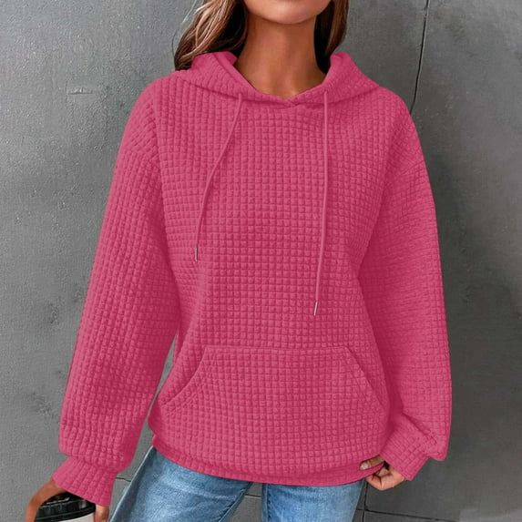 Guzom Women'Classic Hoodie- Solid Fall and Winter Crewneck Waffle Long Sleeve Pullover Casual Baggy Womens Hooded Sweatshirt Hot Pink Size M