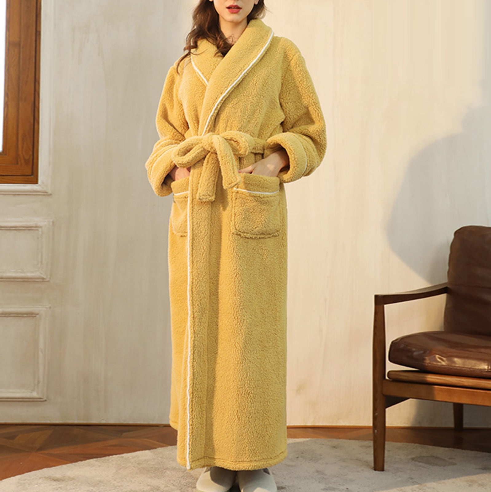 Guzom Women's Soft and Warm Bathrobe Warm Comfort Fleece Robe Winter  Pajamas- Yellow Size XL