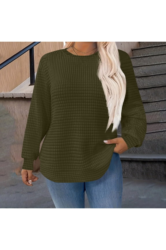 Womens Army Green Waffle Knit Top - Long Sleeve Crew Neck, Plus Size L-XXXXXL Loose Fit,Size L