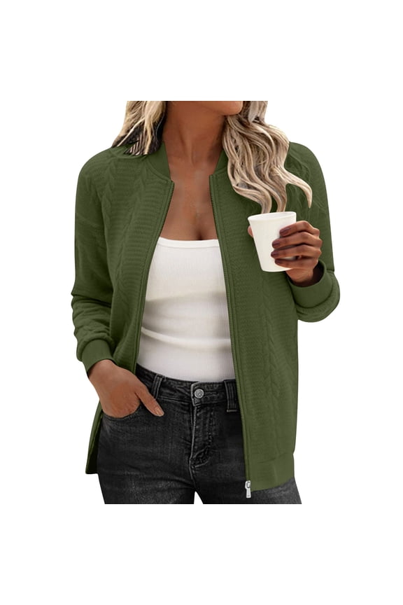 Womens Army Green Zip-Up Bomber Jacket - Nylon Spandex Blend, Full-Zip, Ribbed Cuffs, Inclusive Sizing S-XXL for Casual/Office/Light Outdoor Use,Size S