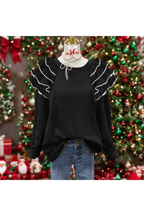 Womens Black Long Sleeve Ruffled Shoulder Top - 100% Polyester, Round Neck Loose Fit, White Piping, S-XXL, Year-Round Wear,Size S