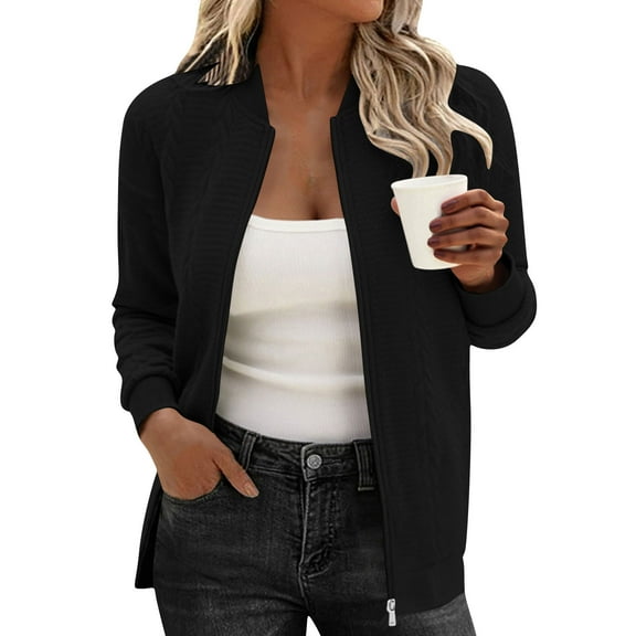 Guzom Womens Black Zip-Up Classic Bomber Jacket - Nylon Spandex Blend, Inclusive S-XXL, Ribbed Cuffs & Hem, for Casual/Office/Light Outdoor Wear,Size S