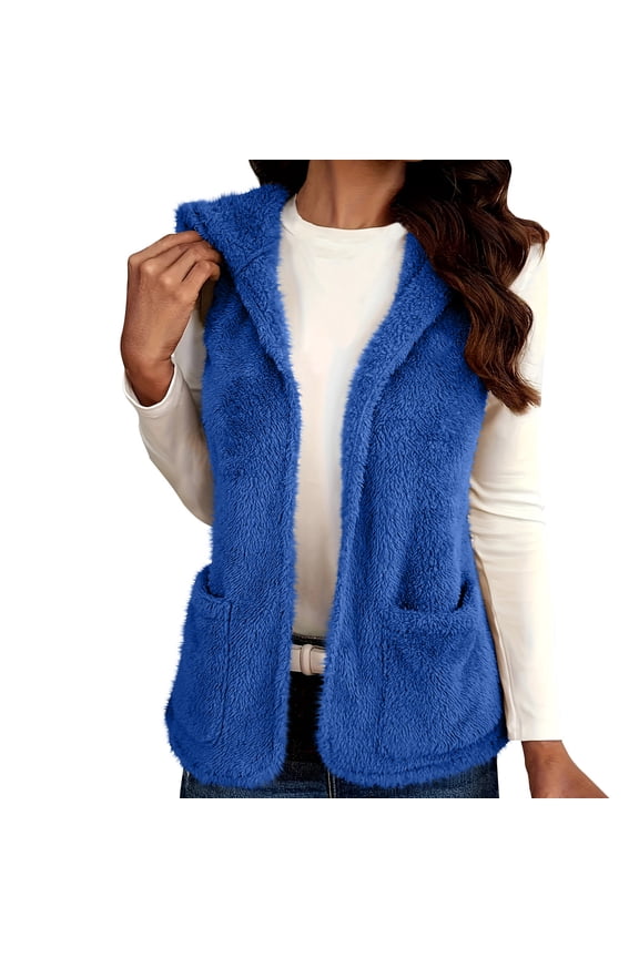 Womens Blue Fuzzy Fleece Hooded Vest - 100% Polyester, Open-Front with Pockets, Warm for Fall/Spring, Casual Layering S-XXL,Size L