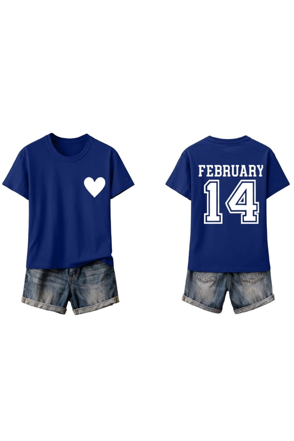 Womens Blue Valentine's Day T-Shirt, Heart Graphic Crew Neck Short Sleeve, February 14 Back Print Soft Stretch Relaxed Fit,Size XL